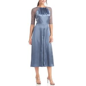 JS Collections Leila Raglan Sleeve Jumpsuit Sequins Blue Satin Womens Size 10